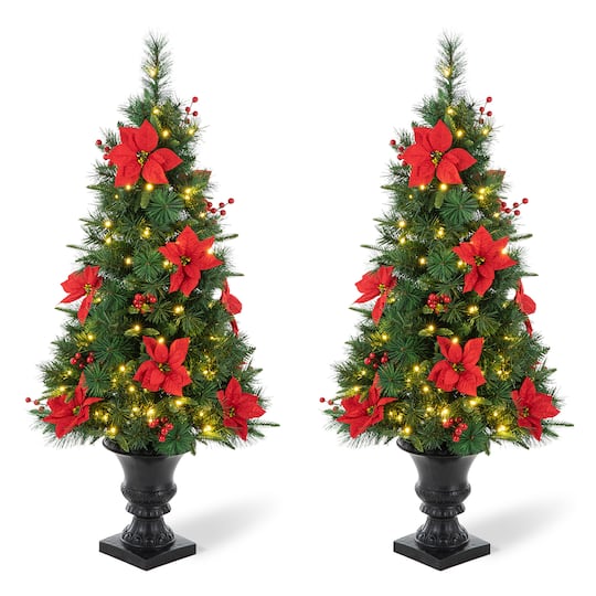 2 Pack 4ft. Pre-Lit Pine Artificial Christmas Porch Tree, Warm White LED Lights